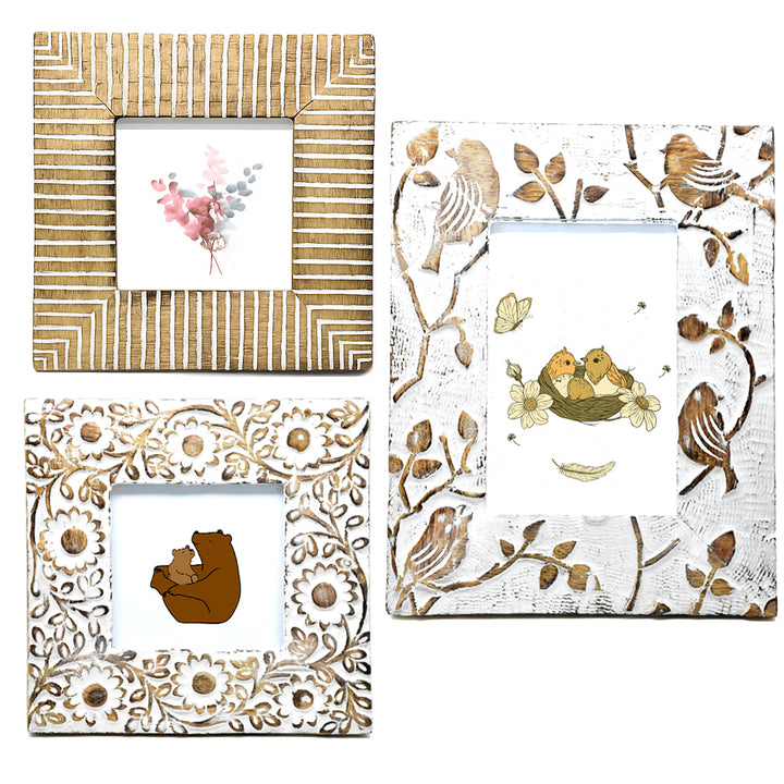 Hand Carved Whitewashed Wood Photo Frame | Floral, Bird, Geometric Designs, Rustic Home Decor
