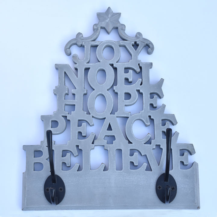 JOY/LOVE/NOEL/PEACE/BELIEVE WOODEN LASER CUT CHRISTMAS COAT IRON HOOKS SET