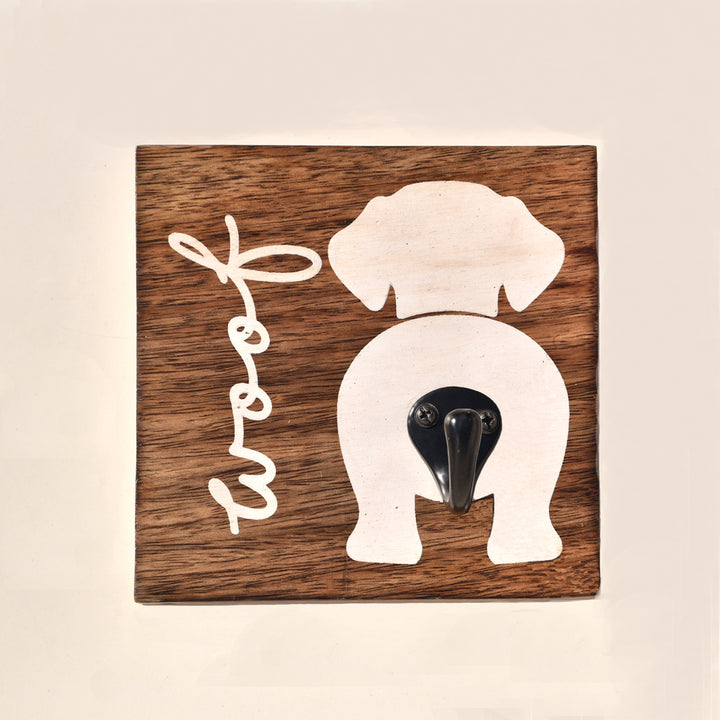 PREMIUM CAST IRON BLACK WALL HOOK WITH WHITE DOG PRINTED ON WOOD BASE