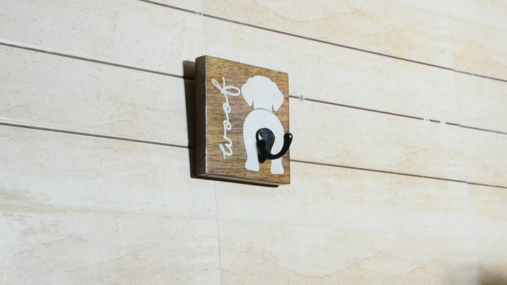 PREMIUM CAST IRON BLACK WALL HOOK WITH WHITE DOG PRINTED ON WOOD BASE